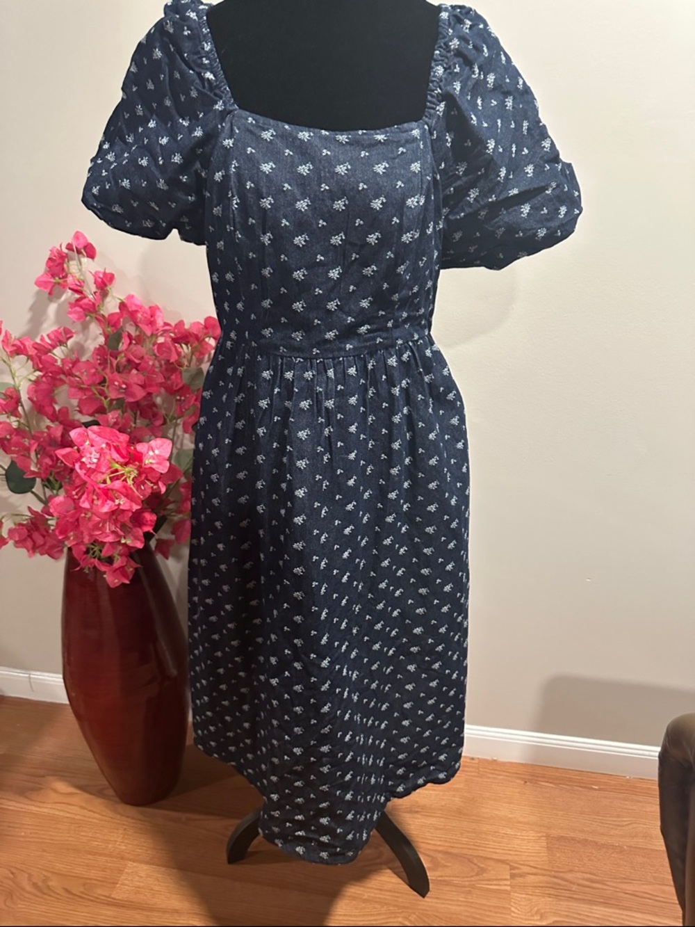 Square Neck Navy Floral Midi Dress